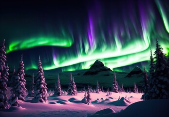 beautiful winter landscape by the lake in the mountains northern lights