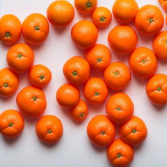 A pile of oranges lying chaotically on a white background . High quality photo
