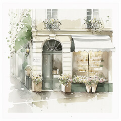 watercolor  illustration of parisian shops front decorated in white flowers, generative ai - obrazy, fototapety, plakaty