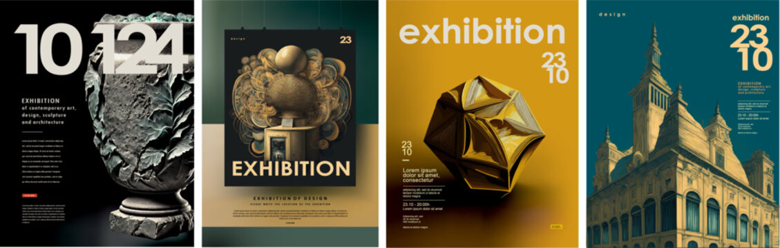 Posters for the exhibition of contemporary art, sculpture, architecture and design. Vector illustration of 3d abstract objects.