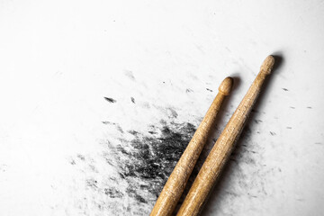 Drumsticks for drum live perfomance closeup. Wooden musical sticks for percussion instruments