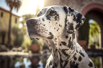 Dalmatian dog portrait on a sunny day in the city street