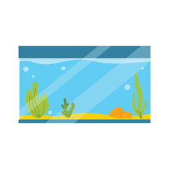 Fototapeta na wymiar Rectangular aquarium. Aquarium with algae in flat style. Vector illustration. Empty isolated aquarium in cartoon style.