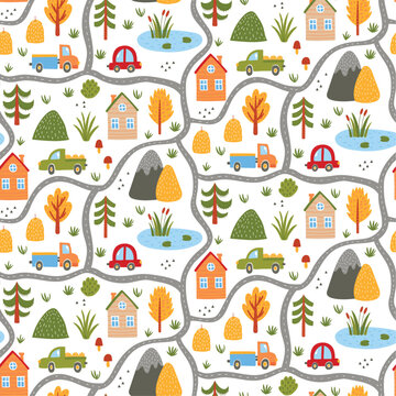 Cute childish road map colorful cartoon seamless vector pattern