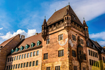 Ancient fortress facade in old city center in Nuremberg, Germany. Historical house exterior in...