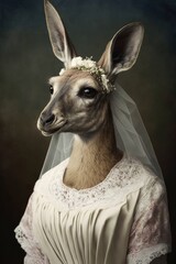  Kangaroo dressed up in wedding dress. Generative AI