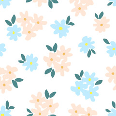 Simple gentle calm floral vector seamless pattern in pastel colors. Blue, pink flowers, leaves on a white background. For fabric prints, textiles.