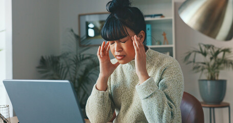 Anxiety, headache and stress by business woman working on a laptop in a corporate office. Mental...
