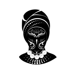 Painted silhouette head beautiful black woman in turban with ornamented face tattoo. Face girl face afro. Black lives matter. Isolated design element, lgotype, print, image, drawing.  