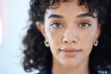 Black woman, headshot portrait and office for vision, focus or motivation for job in finance company. Young gen z worker, face or thinking for career goal, mission or ambition for success at agency