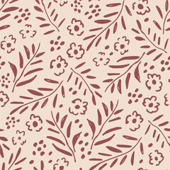 Simple vector floral seamless pattern. Small flowers, twigs, leaves. For printing on textiles, wrapping paper, clothing, stationery.