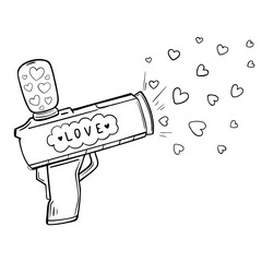 Obraz premium Sketch cute toy confetti gun with hearts cartoon style. Toy gun that shoots hearts. Symbol of love. Hand-drawn doodle illustration Confetti gun. Plastic blaster holiday attribute for Valentine's Day.