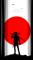 silhouette of a samurai background. Samurai with red moon wallpaper. Japanese samurai warrior with a sword and oni mask. japanese theme wallpaper. samurai boy with two swords. 