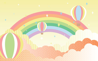 ゆめかわな虹と気球と星と雲の背景