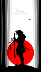 silhouette of a samurai background. Samurai with red moon wallpaper. Japanese samurai warrior with a sword. japanese theme wallpaper. warrior with sword. vertical monitor background.