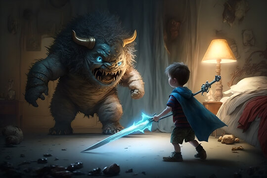 A brave young boy fights the monster under the bed in his room at night scary, horror, with a light sword with magic, protected, couragious, mighty with the spells and protection of his spirit guides