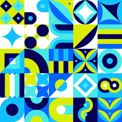Blue Geometrical Square Seamless Pattern. Vector Illustration of Polygonal Memphis Style Website Background.