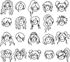 Fototapeta premium Girls' faces. Doodles. A collection of black and white objects isolated on white.