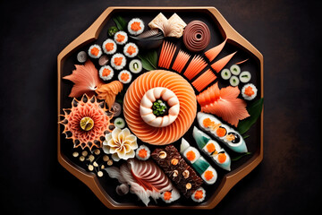 Oriental food concept. Sushi, sashimi, nigiri served on small portions.