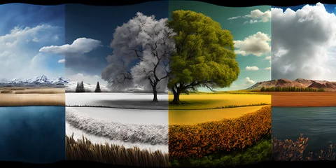 Foto op Canvas An old tree in a beautiful field showing all seasons in one photo, divided to four seasons, fall (autumn), spring, summer and winter. Snow, falling yellow leaves, green, lush, and dry scenery. © Guy