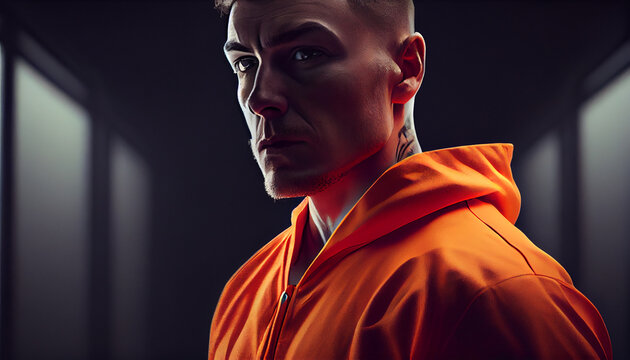 Young man wearing orange robe in prison close up portrait