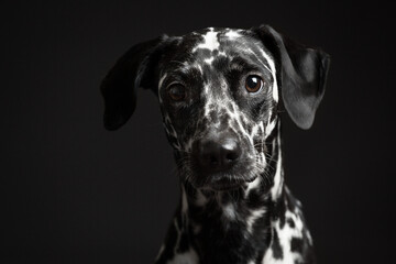adorable dalmatian dog portrait on a dark background in the studio