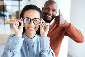 Glasses, portrait and woman with a thumbs up from an optician for the choice of frame in a store. Yes, agreement and girl with eyeglasses from a black man giving vision service with a hand sign - obrazy, fototapety, plakaty