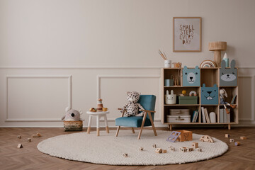 Minimalist composition of kid room interior with copy space, mock up poster frame, blue armchair,...
