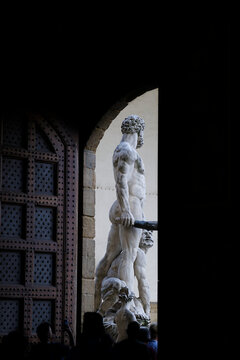 Hercules and Cacus statue in Piazza della Signoria seen from inside the Palazzo Vecchio in Florence, Italy