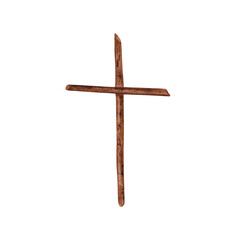 Religious cross isolated on a transparent background. Watercolor wooden Christian cross made of sticks. Simple catholic or orthodox symbol for the first community, baptism, Easter, and Christmas.