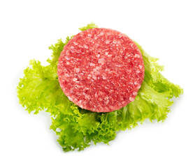 Raw fresh burger on lettuce leaf