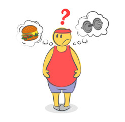 Fat funny lazy sportsman chooses. Weight loss and a healthy body. Sad cartoon fat man starts workout.