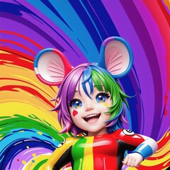 Obraz na płótnie Canvas a bright girl, in the image of a mouse, in the flow of a rainbow, multicolored hair and background, fantasy, generated in AI