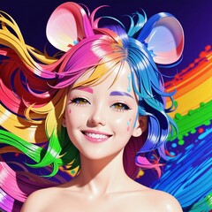 Fototapeta premium a bright girl, in the image of a mouse, in the flow of a rainbow, multicolored hair and background, fantasy, generated in AI