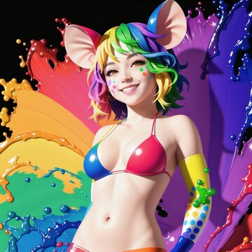 a bright girl, in the image of a mouse, in the flow of a rainbow, multicolored hair and background, fantasy, generated in AI