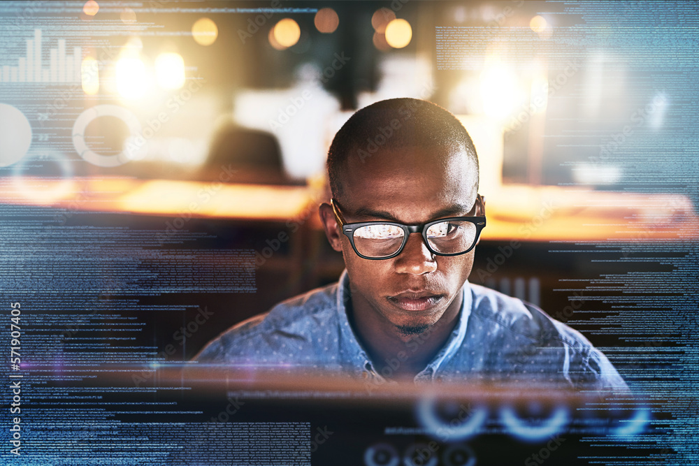 Leinwandbilder Software overlay, futuristic and black man on computer for online finance, fintech and data analysis. Digital transformation, double exposure and businessman for financial analytics on 3d screen