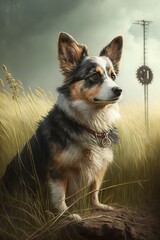  a painting of a dog sitting in a field of grass.  generative ai