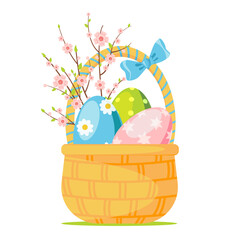 Wicker basket with colorful Easter eggs, spring Blossoming branches. Basket with bow. Cute illustration for greeting cards, textiles, printing for Easter. Vector, cartoon style on white background