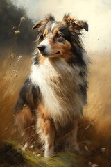  a painting of a dog standing in a field of grass.  generative ai