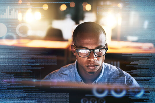 Software overlay, futuristic and black man on computer for online finance, fintech and data analysis. Digital transformation, double exposure and businessman for financial analytics on 3d screen