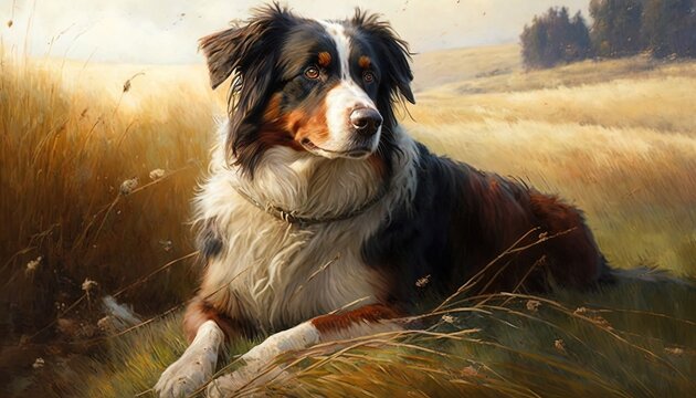  a painting of a dog laying in a field of grass.  generative ai