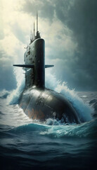 USA nuclear submarine surfacing in the sea. generative ai - obrazy, fototapety, plakaty