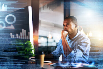Thinking, futuristic and black man on computer with double exposure for finance, fintech and data analysis. Digital transformation, software overlay and male with financial analytics on 3d screen