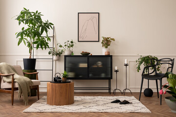 Interior design of living room interior with mock up poster frame, black sideboard, round coffee table, plants in flowerpots. armchair with green plaid and personal accessories. Home decor. Template.