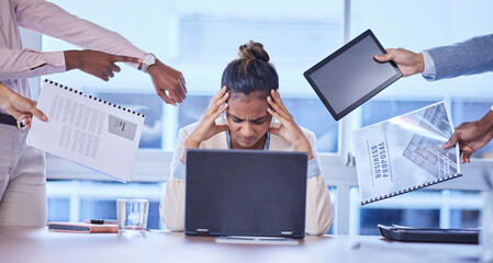 Stress, headache and business woman with group of people for multitasking, workload or chaos in...
