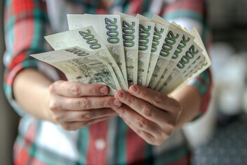 Woman holding many czech crown banknotes of 2000 value