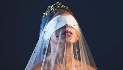 Blindfolded, princess and woman in veil studio for creative, fashion or artistic aesthetic on black...