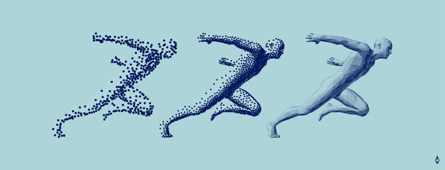 Running man or marathon runner in сoarse and fine style. 3D human body model with stipple effect. Design for sports club, fitness, competition or marathon. Vector illustration composed of particles.