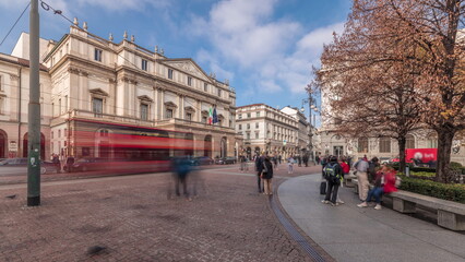 Panorama showing theater La Scala timelapse and a monument to Leonardo da Vinci