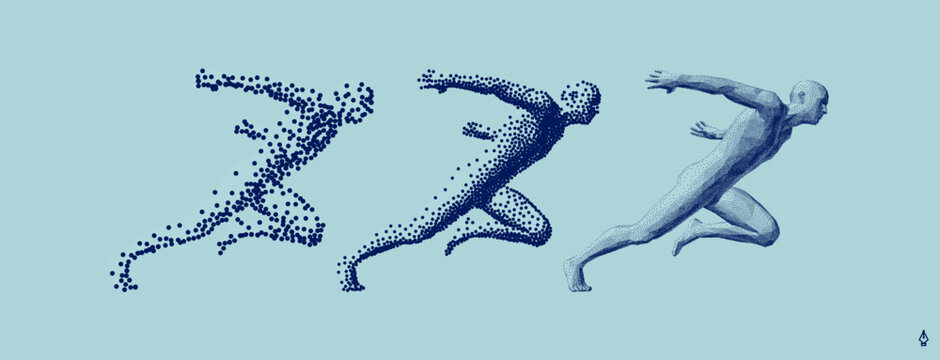 Running man or marathon runner in сoarse and fine style. 3D human body model with stipple effect. Design for sports club, fitness, competition or marathon. Vector illustration composed of particles.